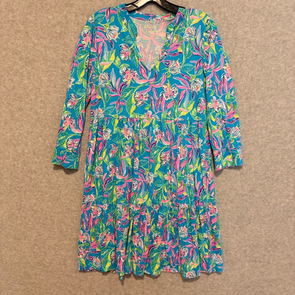 Lilly Pulitzer Teal Floral V-Neck Cotton Dress with Pink & Yellow Accents